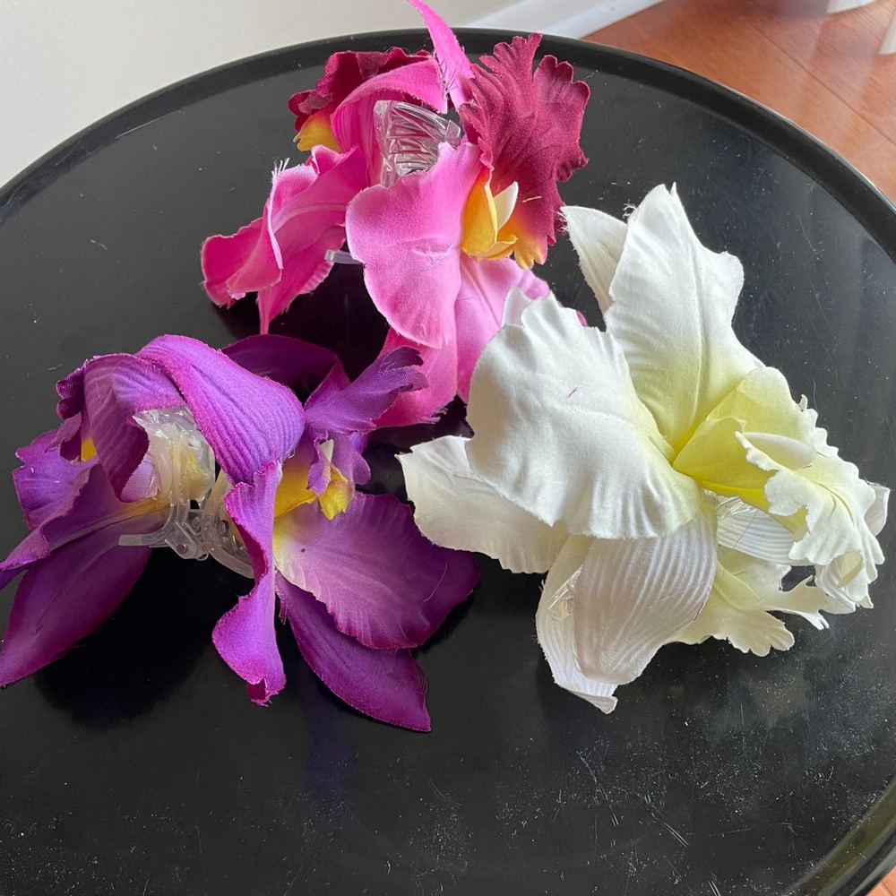 Authentic Thai Floral Hair Clip Set - Pink, Purple & White. Bought in Thailand.